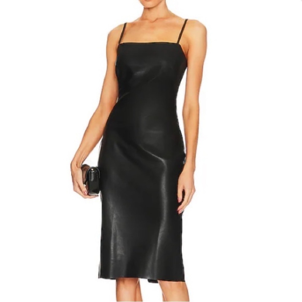 L'AGENCE Dream Vegan Faux Leather Midi Dress in Black